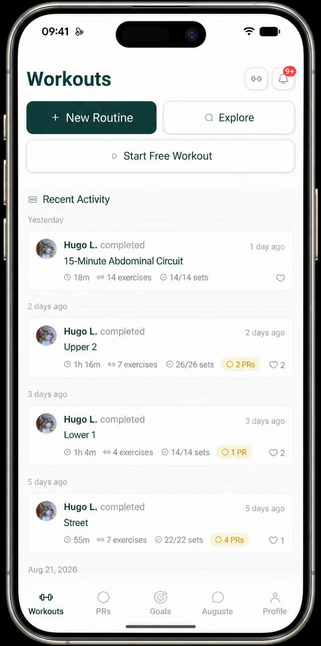 A friends activity feed showing recent training sessions with personal-best badges