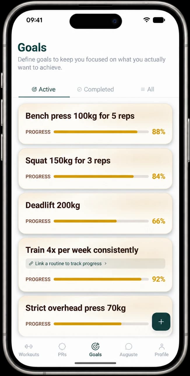 The goals tab with a progress bar for each target lift and body goal