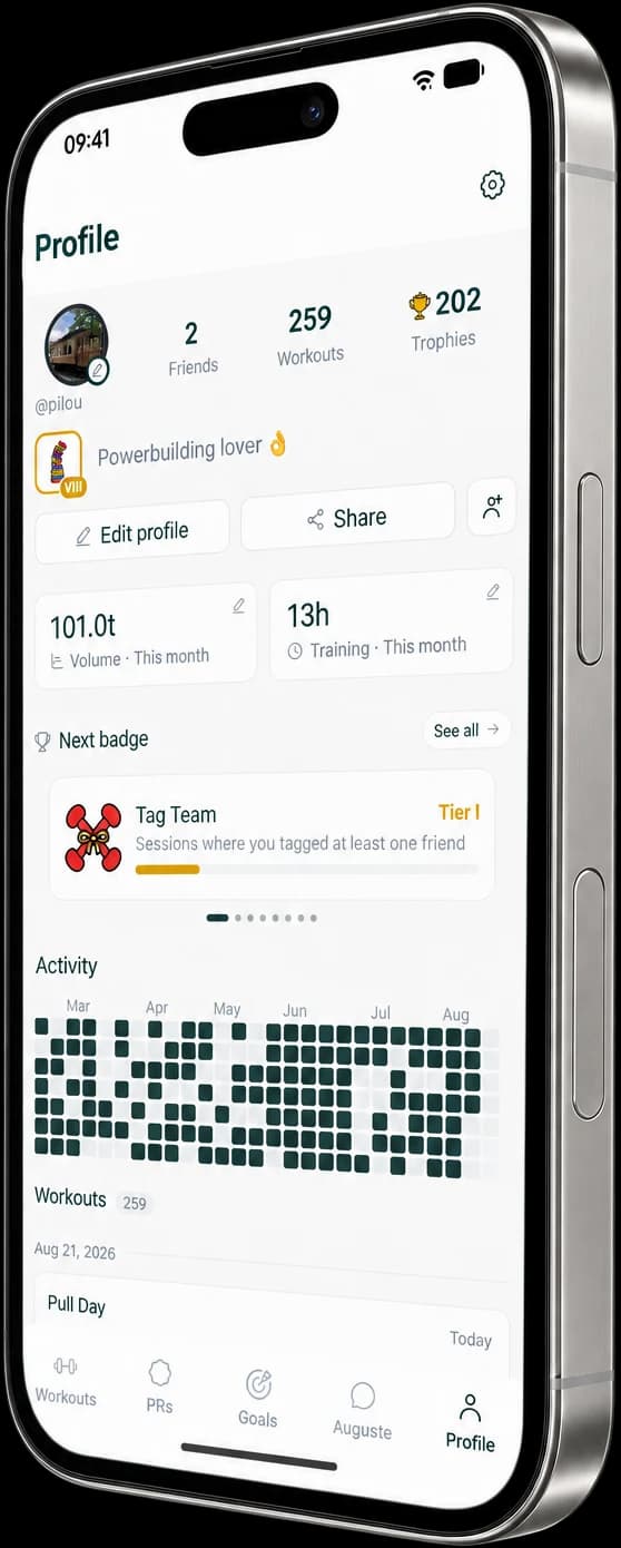 A training profile with a streak heatmap, trophy count and monthly volume totals