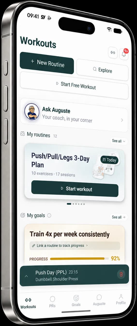 The workouts home screen with a routine ready to start, an active goal and a session in progress